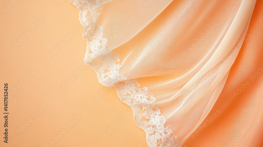 Fototapeta premium Lace-trimmed Victorian sleeve draped elegantly in soft light, with pale peach background for contrast