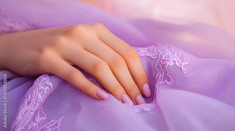 Fototapeta premium Romantic detail of a woman hand resting on lace fabric, set against a light lavender backdrop