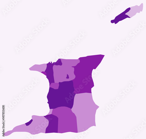 Map of Trinidad and Tobago with regions. Just a simple country border map with region division. Purple color palette. Blank Trinidad and Tobago shape with administrative division. Vector illustration.
