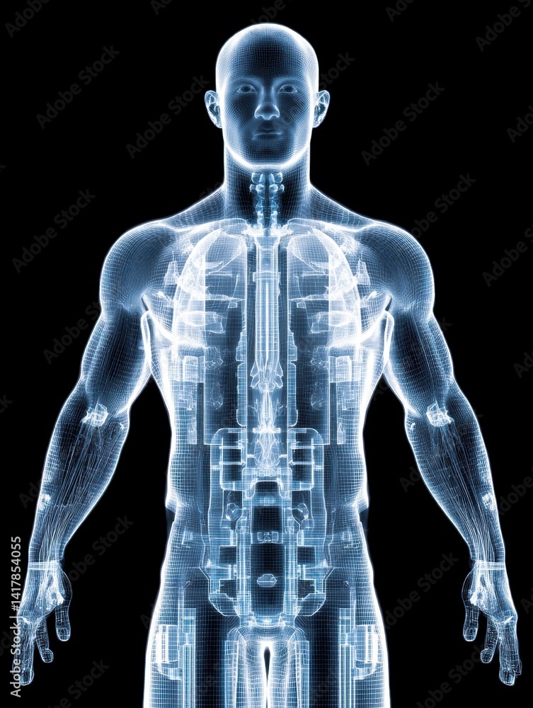 A digital representation of a human body, showcasing an intricate wireframe design that highlights anatomical structures in a glowing, futuristic style. A digital representation of a human body, showcasing an intricate wireframe design that highlights anatomical structures in a glowing, futuristic style.