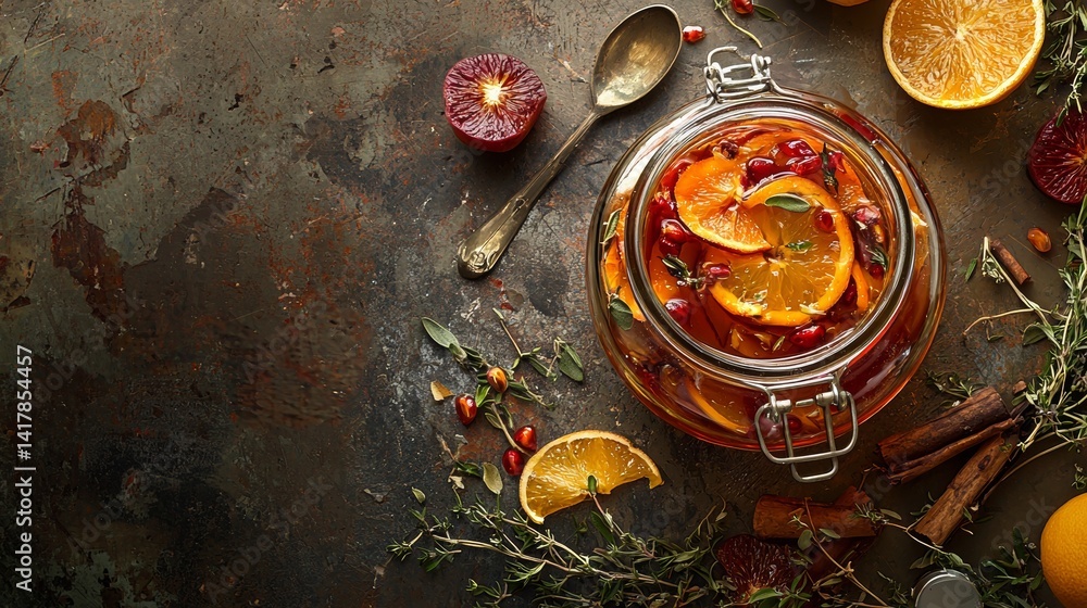 Jar of homemade citrus tea with spices and orange slices Jar of homemade citrus tea with spices and orange slices