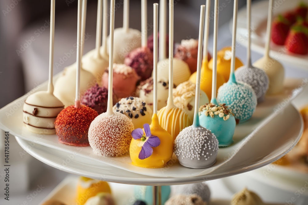 various cake pops with creative decorations on a tiered dessert tray