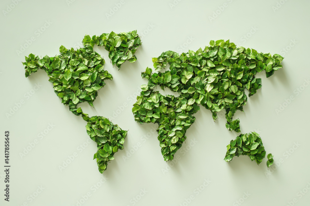 over head flat lay view of a world map shape made from leaves over head flat lay view of a world map shape made from leaves