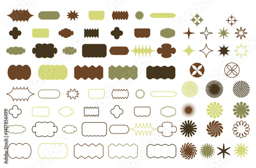 Minimalistic brutal shape sticker set. Vector geometric star shaped icons. Circles and rectangles with wavy zigzag edges.