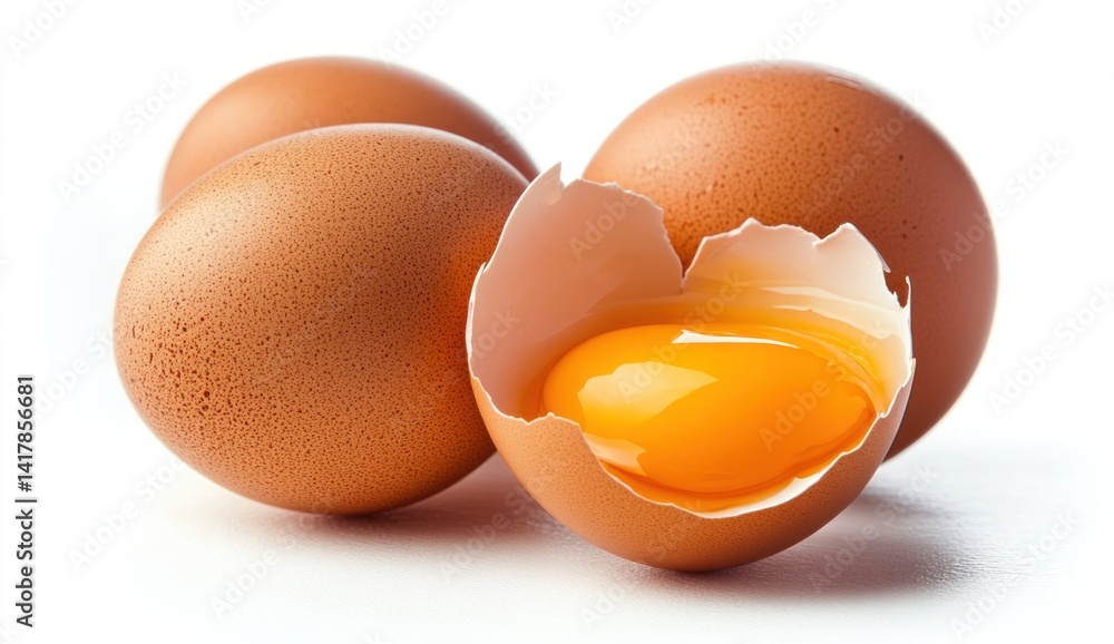 Three eggs one cracked open showing yolk on white background.