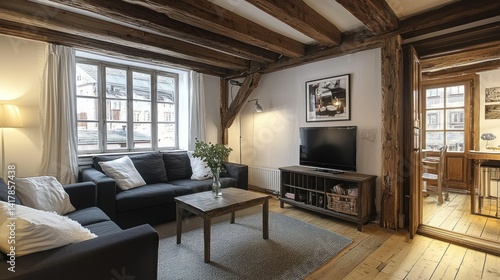 Cozy, European living room with exposed beams