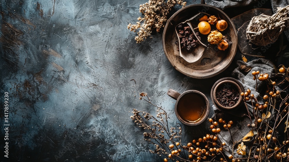 Rustic flat lay with tea, cookies and spices on moody background