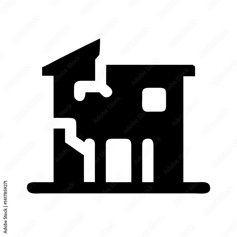 Icon of a damaged building to signify destruction or disrepair Icon of a damaged building to signify destruction or disrepair