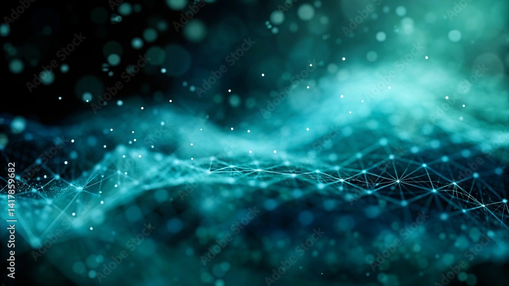 Abstract digital network background banner with glowing light and connecting data dots in blue and green colors. Big data technology concept, futuristic, innovation, cyber, virtual grid Abstract digital network background banner with glowing light and connecting data dots in blue and green colors. Big data technology concept, futuristic, innovation, cyber, virtual grid