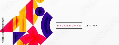 Abstract geometric shapes, vibrant colors, modern design. Composition features triangles, circles, overlapping forms. Minimalist aesthetic, clean lines.