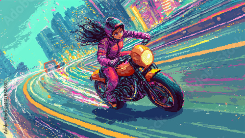 Female motorcyclist speeding across vibrant pixelated cityscape, motion blur and dynamic energy