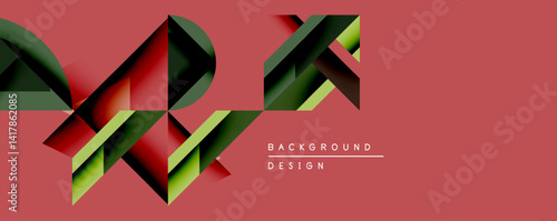 Abstract geometric shapes overlap, creating dynamic visual texture. Red background complements green, black, yellow hues. Modern design element.