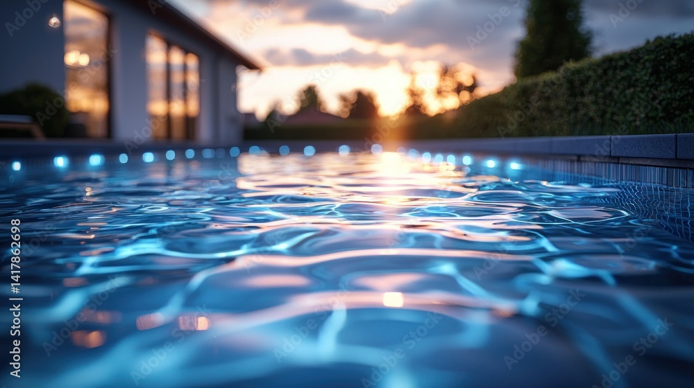Serene sunset over a tranquil swimming pool reflecting vibrant colors Serene sunset over a tranquil swimming pool reflecting vibrant colors