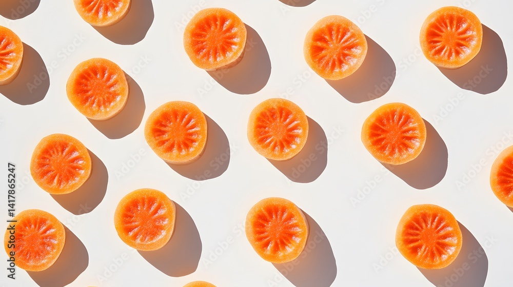 A vibrant flat lay showcasing a pattern of perfectly sliced orange carrots against a bright white background. The slices cast subtle shadows, adding depth to the image's clean aesthetic. A vibrant flat lay showcasing a pattern of perfectly sliced orange carrots against a bright white background. The slices cast subtle shadows, adding depth to the image's clean aesthetic.