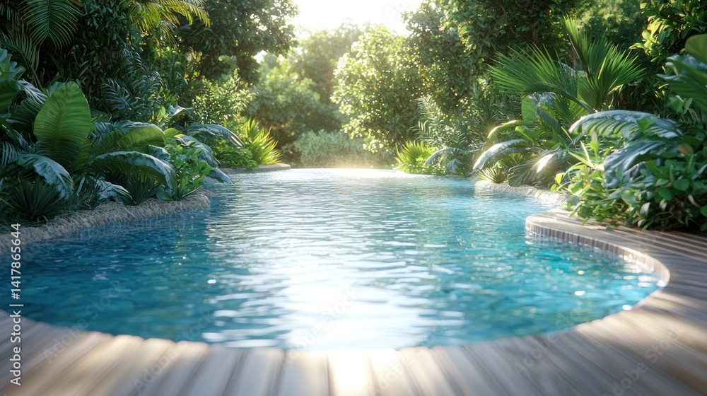 Serene tropical pool surrounded by lush greenery and sunlight filtering through trees Serene tropical pool surrounded by lush greenery and sunlight filtering through trees