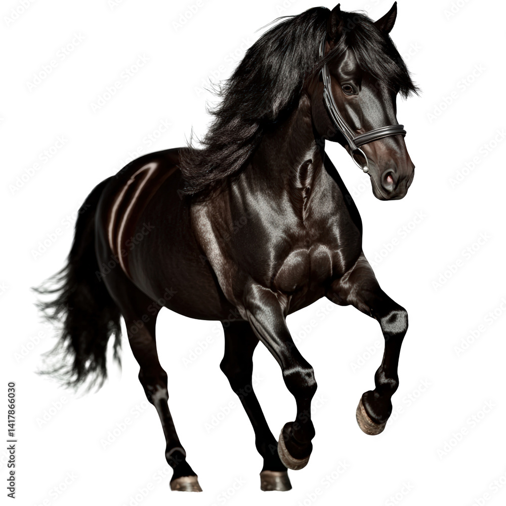 Obraz premium Stunning black horse with flowing mane in motion showing elegance grace strength and beauty against a plain background for equestrian sport or wellness themes