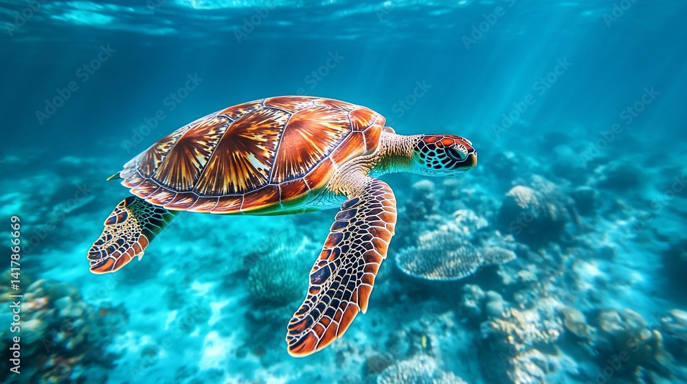 Fototapeta premium Underwater sea turtle swimming near coral reef.