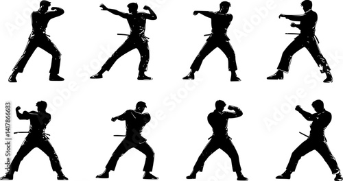 Black silhouettes of a karate fighter performing different combat moves, useful for animation and video games