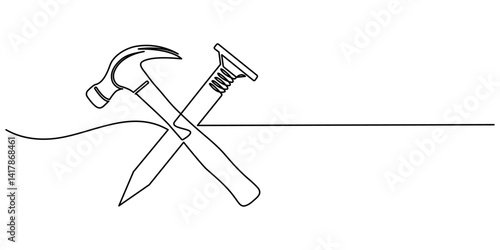 One continuous line drawing of claw hammer. Editable strokes. One line concept graphic design vector illustration of building construction tools, Hammer, nail puller, construction tool one line art.