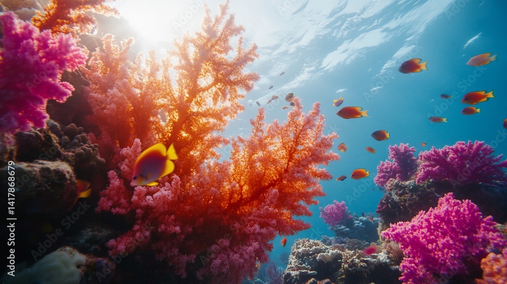 Naklejka premium Vibrant coral reef teeming with fish, sunlit ocean