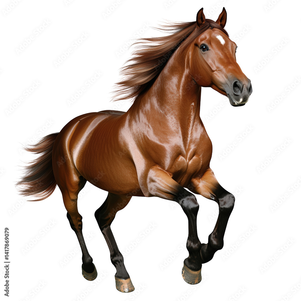 Fototapeta premium Beautiful powerful brown horse running with flowing mane isolated on white background for equestrian, animal, and wildlife themed projects