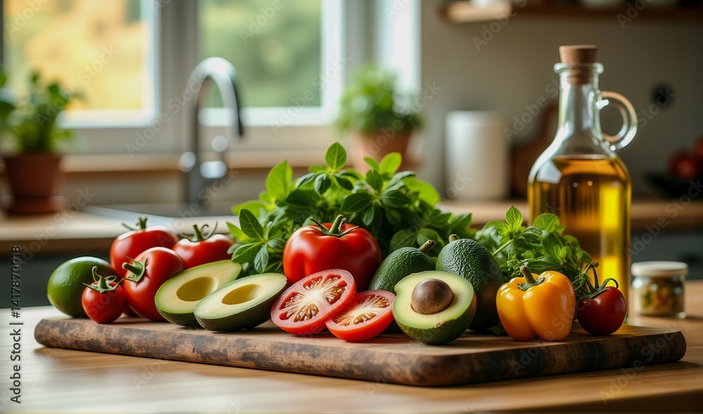 A wooden cutting board with a variety of vegetables including tomatoes, avocados, and peppers. The vegetables are cut up and arranged on the board, creating a colorful and healthy display A wooden cutting board with a variety of vegetables including tomatoes, avocados, and peppers. The vegetables are cut up and arranged on the board, creating a colorful and healthy display