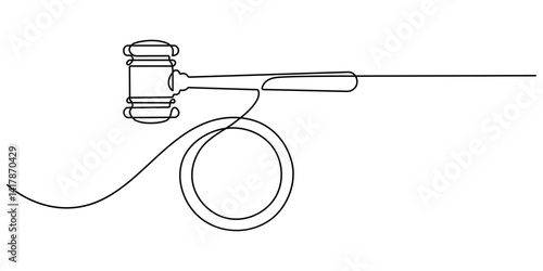 Continuous line drawing of the judge's hand tapping the gavel. One continuous single drawing line art flat doodle judge, court, gavel, law, legal, justice, hammer, gavel in the judge. Editable stroke.