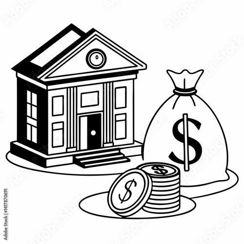 illustration of a house with a coin, bank icon with dollar symbol, Banking and Financial Transactions