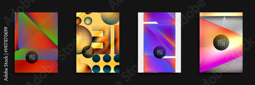 Four vibrant abstract backgrounds. Geometric shapes, gradients, text yes tor present. Modern design elements, colorful compositions.