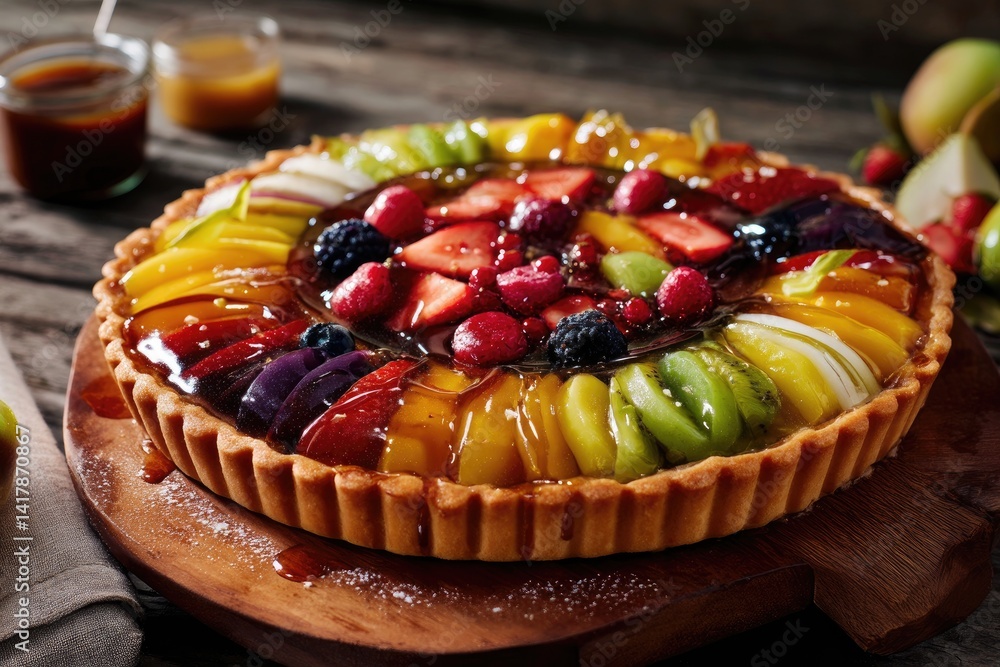 vibrant fruit tart topped with assorted sliced fruits and a shimmering glaze, set on a rustic table