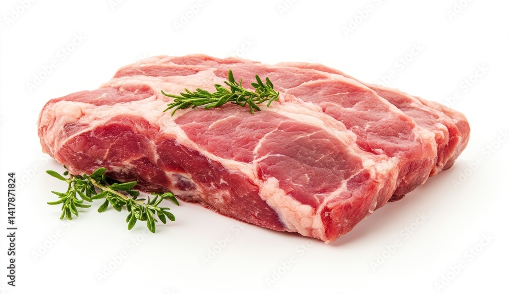 Raw pork chop with herbs on a white background. Raw pork chop with herbs on a white background.