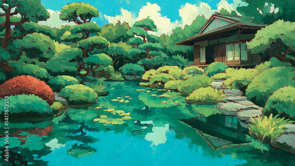 Obraz premium 四季を感じる植栽と和風の橋が印象的な日本庭園の風景イラスト｜癒しと美を兼ね備えた素材