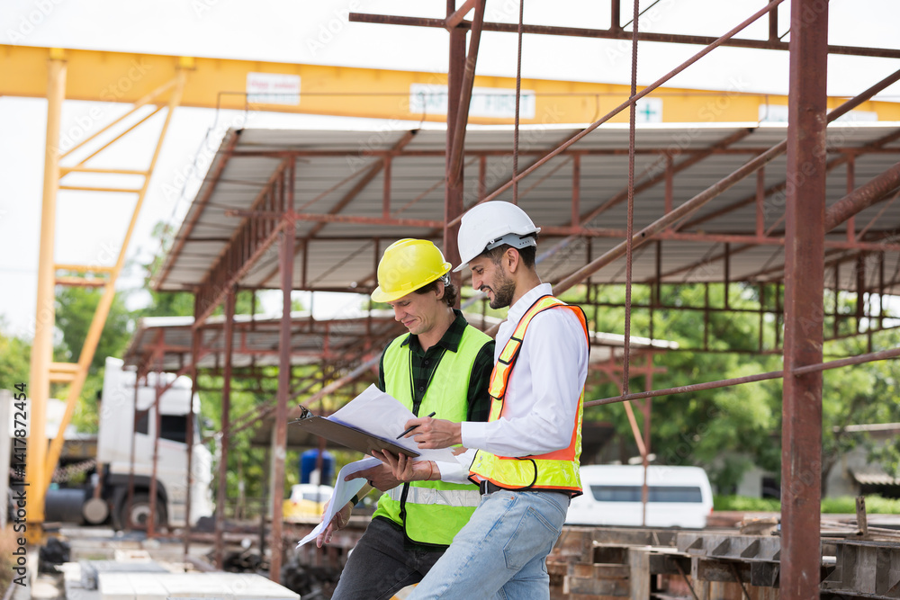 Engineer, Teamwork, Construction site. Team of male engineer construction working and inspecting structure of building at construction site. Construction builder control of work at site work Engineer, Teamwork, Construction site. Team of male engineer construction working and inspecting structure of building at construction site. Construction builder control of work at site work