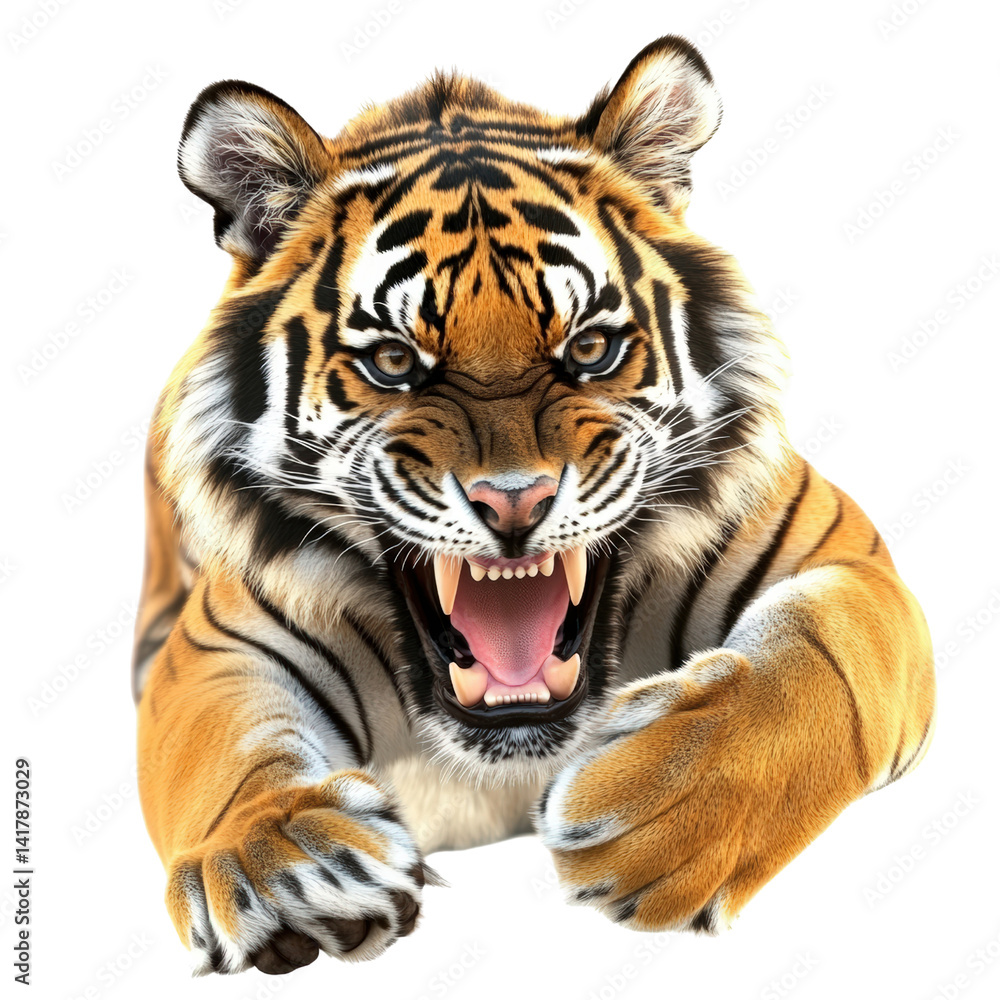 Fototapeta premium Fierce and Powerful Bengal Tiger Lying Down with Aggressive Expression Showing Teeth and Intense Gaze on a White Background