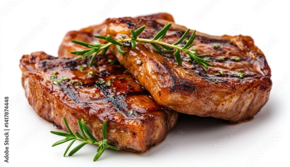 Three grilled meat pieces with rosemary sprigs isolated on white background. Three grilled meat pieces with rosemary sprigs isolated on white background.