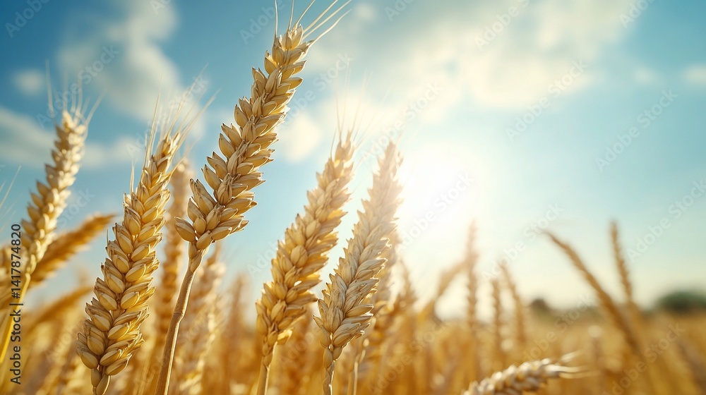 Wheat stalks glowing in field under sunny blue sky with clouds, natural light Wheat stalks glowing in field under sunny blue sky with clouds, natural light