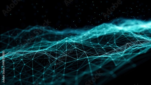 Digital cyberspace futuristic, Green and Blue color particles wave flowing with lines and dots connection, Technology network abstract background. 3d rendering, digital innovation, visualization data
