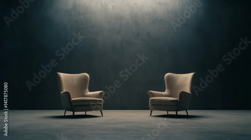 Two Elegant Armchairs Facing Each Other in Dark Room
