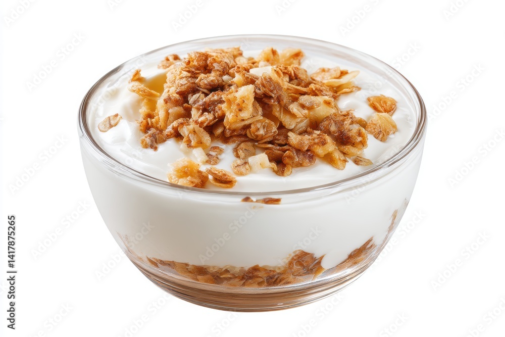 Delicious yogurt with homemade granola topping served in transparent glass bowl on white background