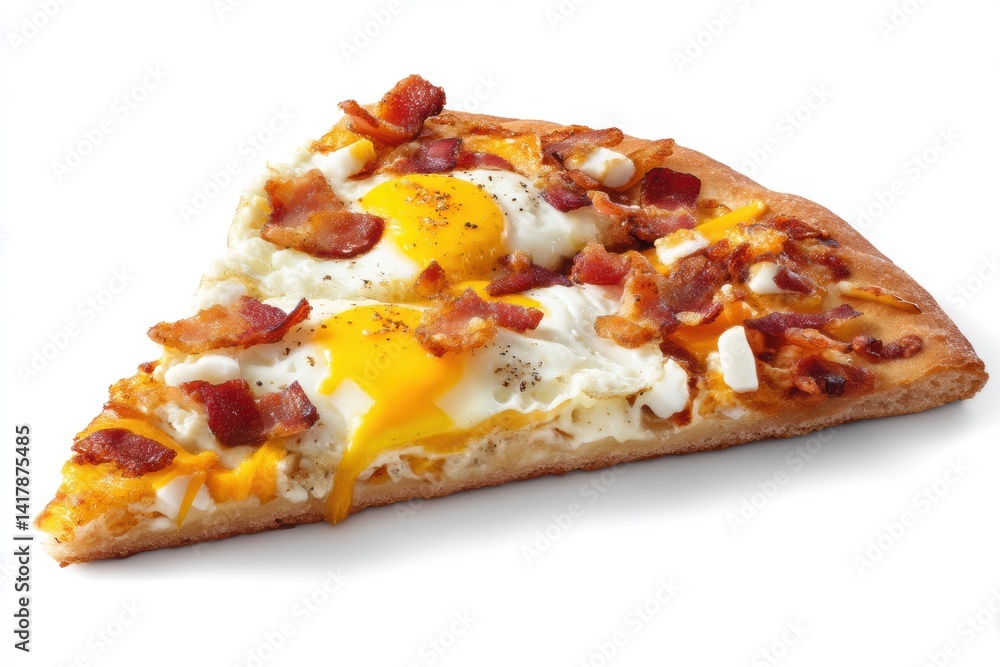 Delicious breakfast pizza slice with sunny side up eggs crispy bacon and melting cheese on white background Delicious breakfast pizza slice with sunny side up eggs crispy bacon and melting cheese on white background