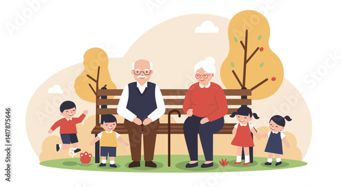 Grandparents enjoying time with grandchildren in a park setting  