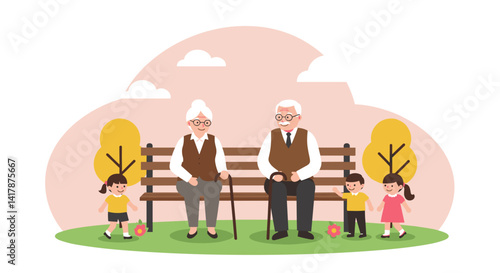 Grandparents sitting on a bench while grandchildren play in the park  