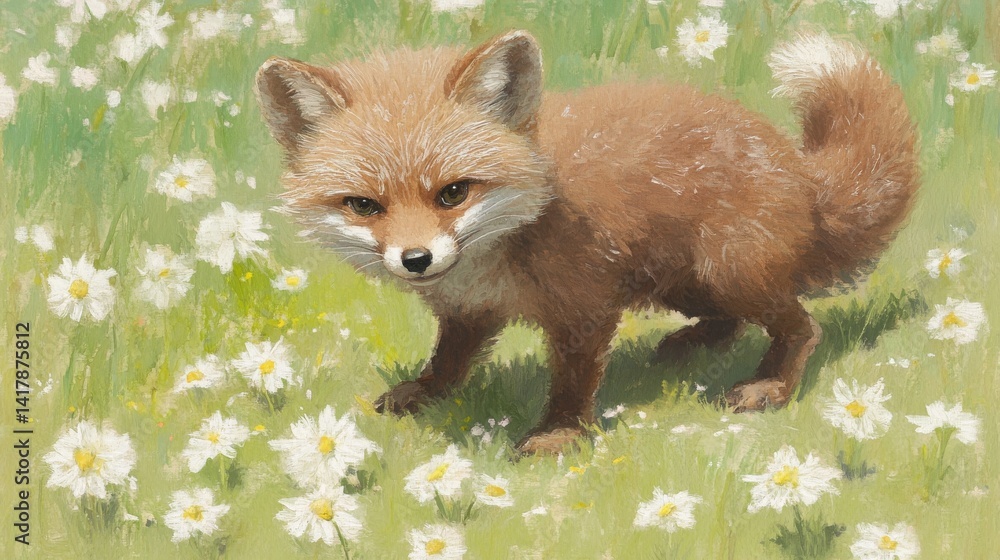 Fototapeta premium Fox kit in field of daisies looking at the viewer with curious eyes