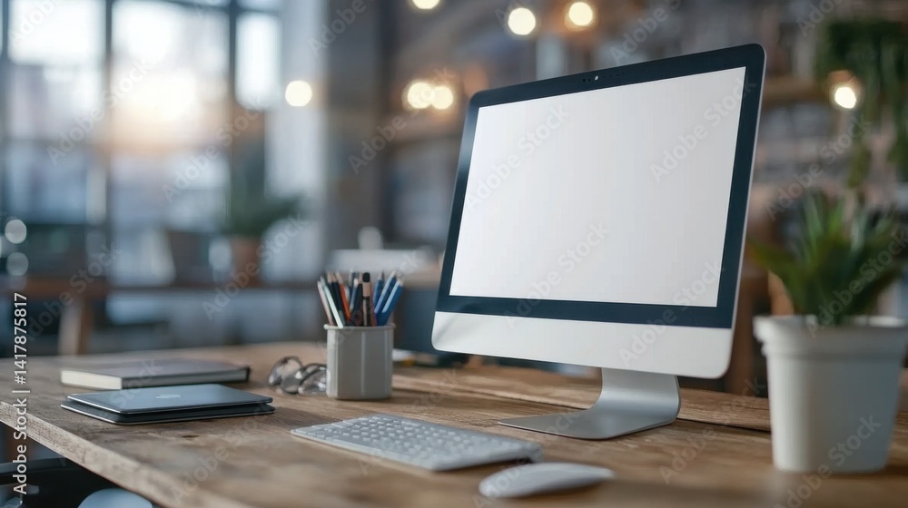 A peaceful and organized modern office workspace with a blank-screen computer, phone, and minimal decor elements for a productive and serene work environment. A peaceful and organized modern office workspace with a blank-screen computer, phone, and minimal decor elements for a productive and serene work environment.
