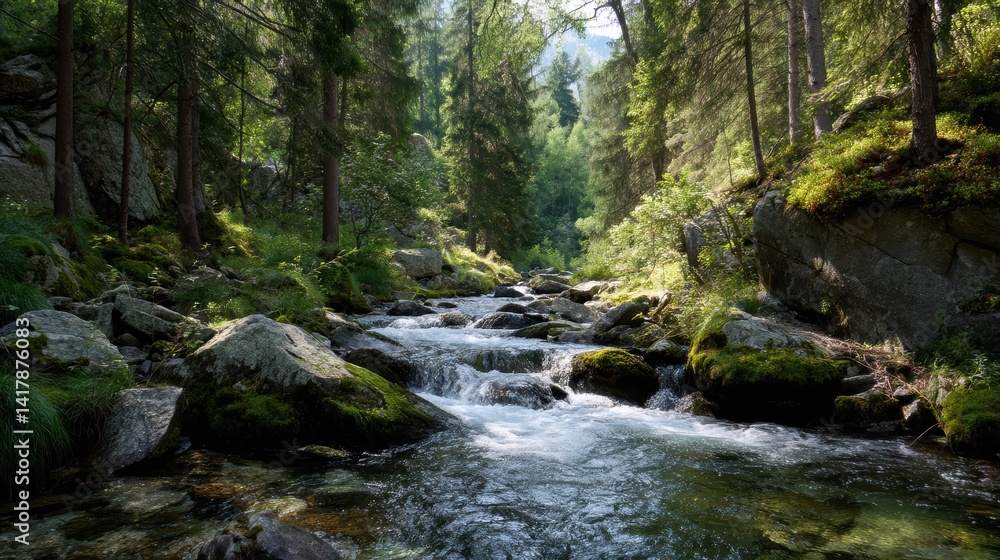 Obraz premium Serene Alpine River Cascading Over Rocks in Lush Green Forest a Tranquil Mountain Scene
