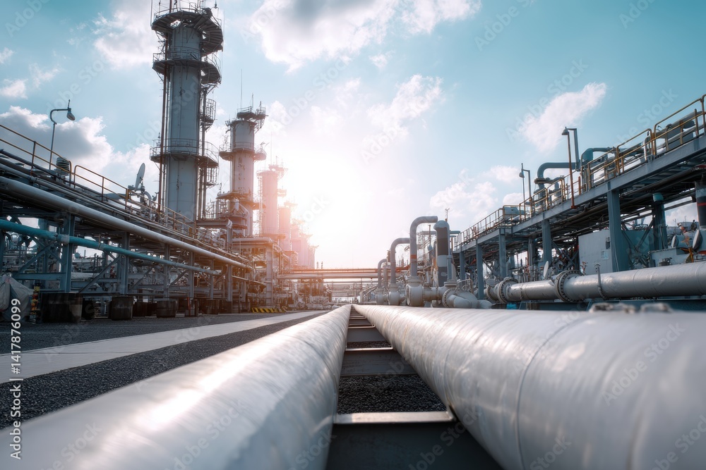 Obraz premium Industrial refinery plant under bright sunlight with complex pipeline structures and modern sky