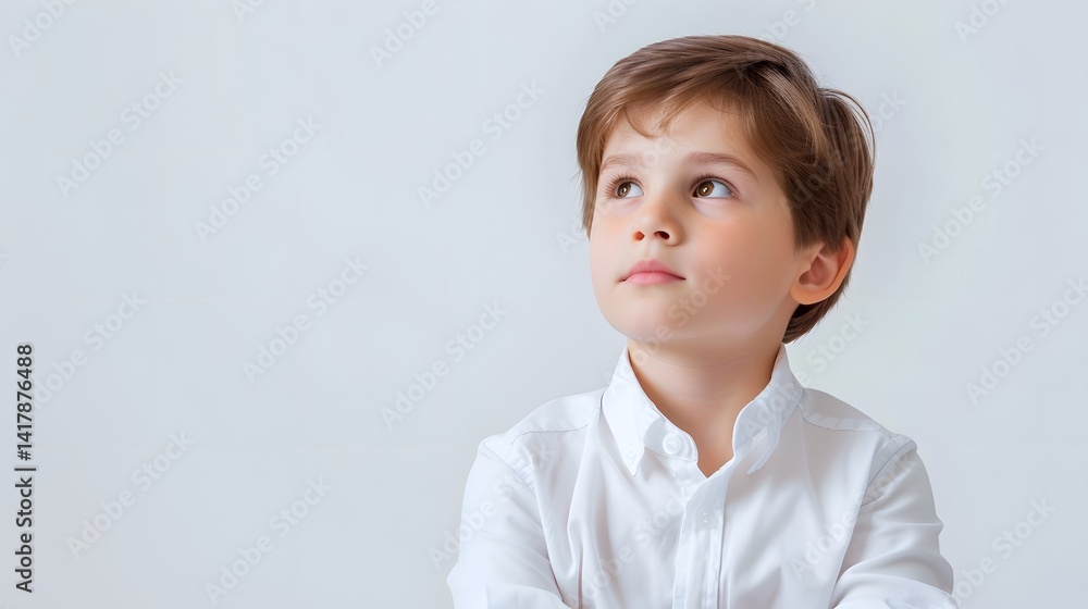 Portrait of Thoughtful Young Boy in White Shirt on Bright Background - Stock Image Portrait of Thoughtful Young Boy in White Shirt on Bright Background - Stock Image