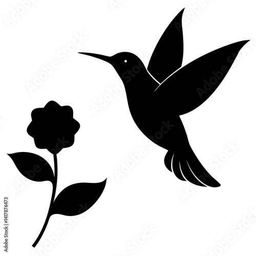 vector silhouette of a hummingbird hovering near a flower, (6)