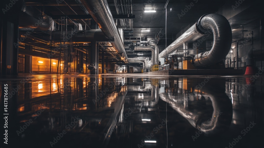 Obraz premium Evocative industrial interior reflecting complex pipeline architecture inside a dark factory offering a captivating interplay of light and reflections