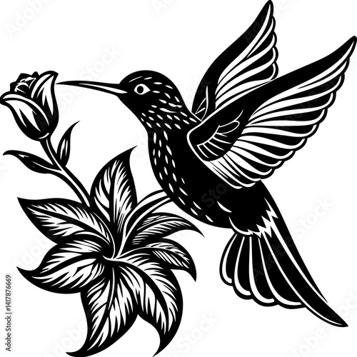 vector silhouette of a hummingbird hovering near a flower, (6)